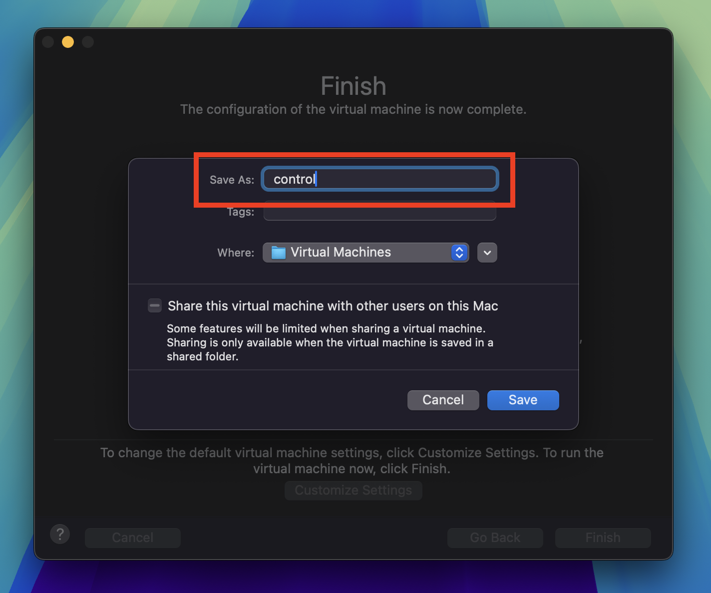 Finish virtual machine